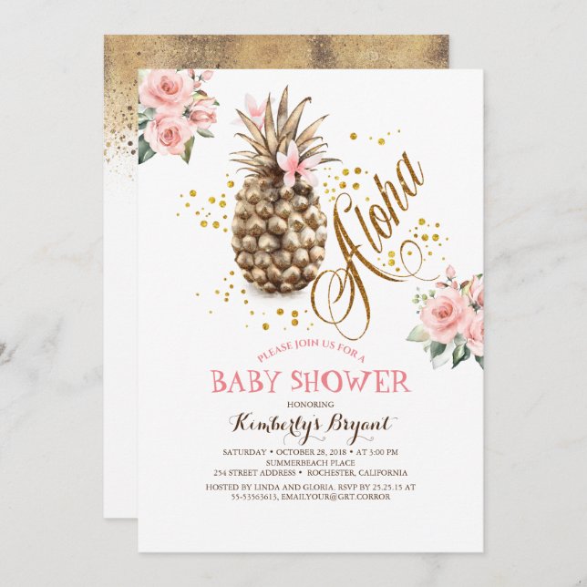 Invitación Gold Pineapple Pink Floral Beach Baby Shower (Anverso / Reverso)