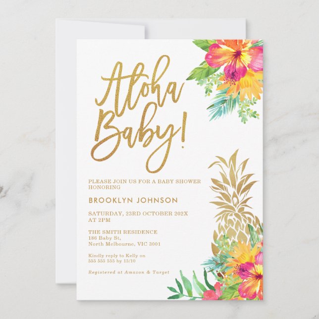 Invitación Gold Pineapple Tropical Floral Aloha Baby Shower (Anverso)