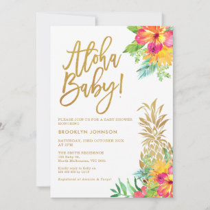 Invitación Gold Pineapple Tropical Floral Aloha Baby Shower