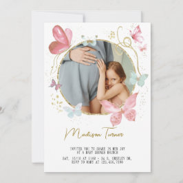 Invitación Gold Pink Floral Butterfly Baby Shower Photo 