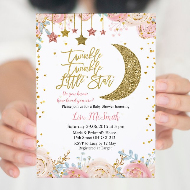 Invitación Gold Pink Twinkle Twinkle Little Star Baby Shower (Subido por el creador)