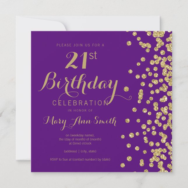 Invitación Gold Purple 21st Birthday Faux Purpurina Confetti (Anverso)