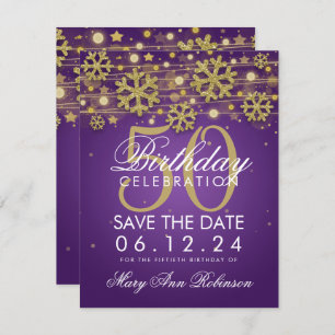 Invitación Gold Purple 50th Birthday Save Date Winter