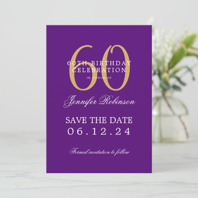 Invitación Gold Purple 60th Birthday Save Date con detalles (Anverso de pie)