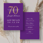 Invitación Gold Purple 70th Birthday Guardar la fecha con det<br><div class="desc">Elegante diseño de "fiesta de cumpleaños 70" con un guión de tipografía formal,  nombre personalizado y texto de detalles. Fácil de usar y fácil de personalizar. ¡No te quedes sin el tuyo!</div>