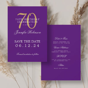 Invitación Gold Purple 70th Birthday Guardar la fecha con det