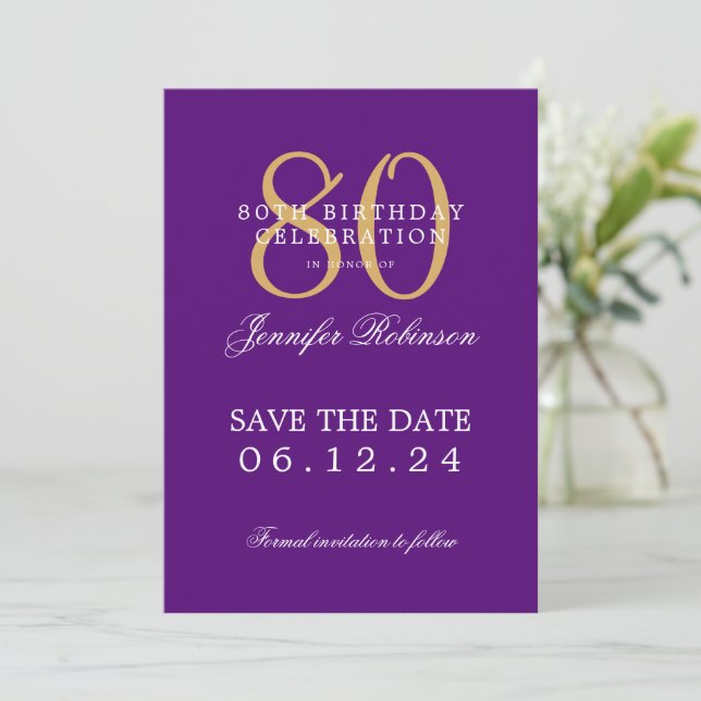 Invitación Gold Purple 80 cumpleaños Save the Date (Anverso de pie)