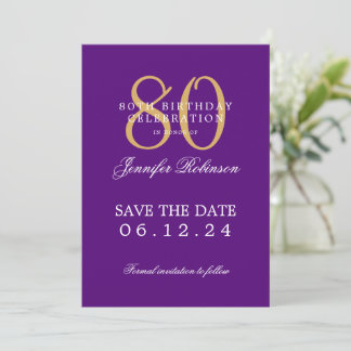 Invitación Gold Purple 80 cumpleaños Save the Date