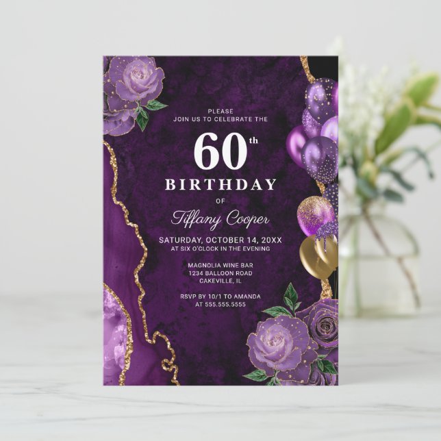 Invitación Gold Purple Agate 60 cumpleaños (Anverso de pie)