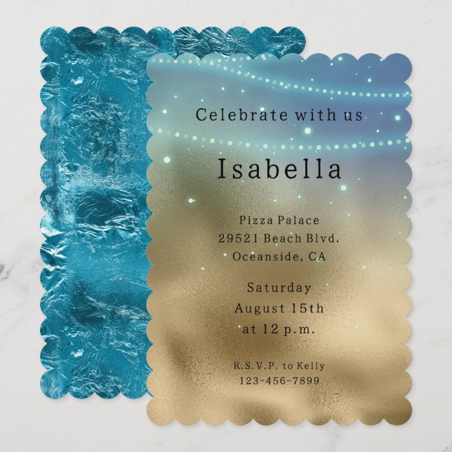 Invitación Gold Purple Aqua Sparkle Glitzy Mermaid Cumpleaños (Anverso / Reverso)