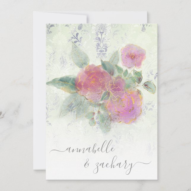 Invitación *~* Gold QR AR12 Damask RSVP Rose Bouquet Boda (Anverso)