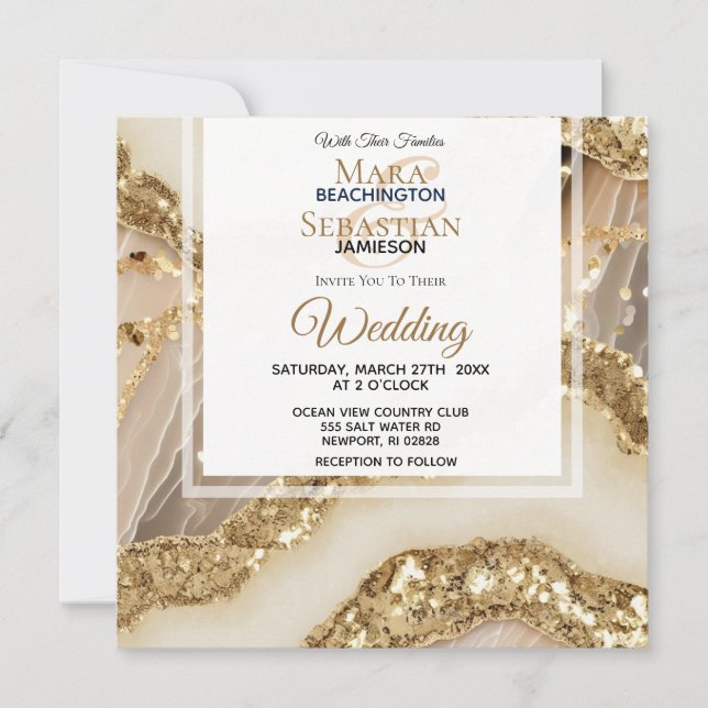 Invitación *~*GOLD QR IVORY GOLD Agate RSVP AR66 Boda (Anverso)