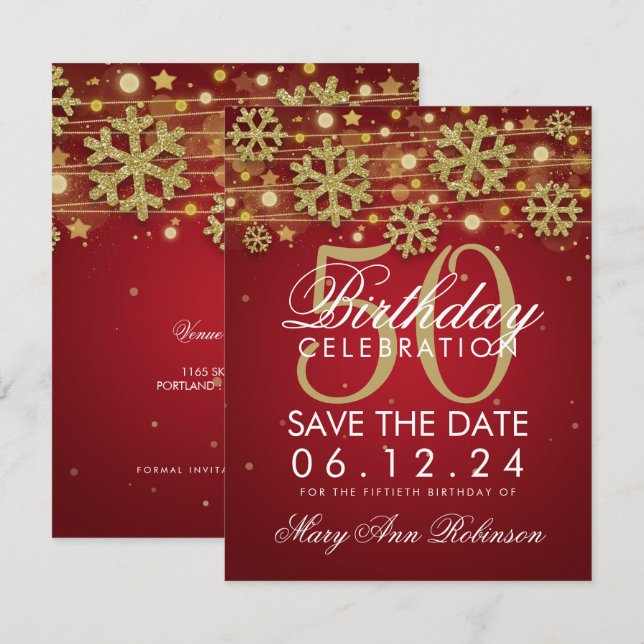 Invitación Gold Red 50 cumpleaños Save Date Winter (Anverso / Reverso)