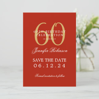 Invitación Gold Red 60th Birthday Save Date con detalles