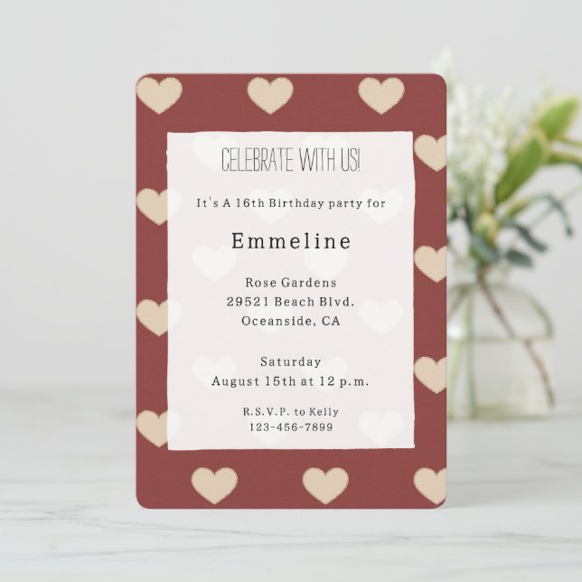 Invitación Gold Red Cream Glitter Hearts Birthday (Anverso de pie)