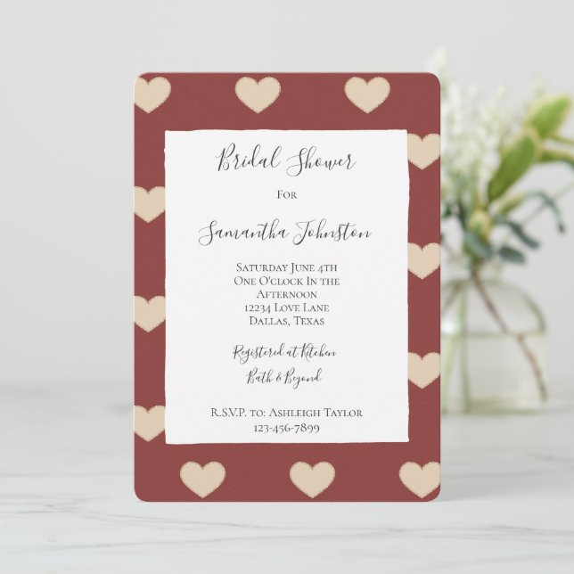 Invitación Gold Red Cream Glitter Hearts Bridal Shower (Anverso de pie)