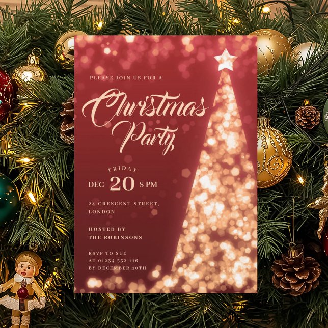 Invitación Gold Red Winter Christmas Tree Holiday Party (Gold Winter Diamonds Glitter Christmas Party Invitation)