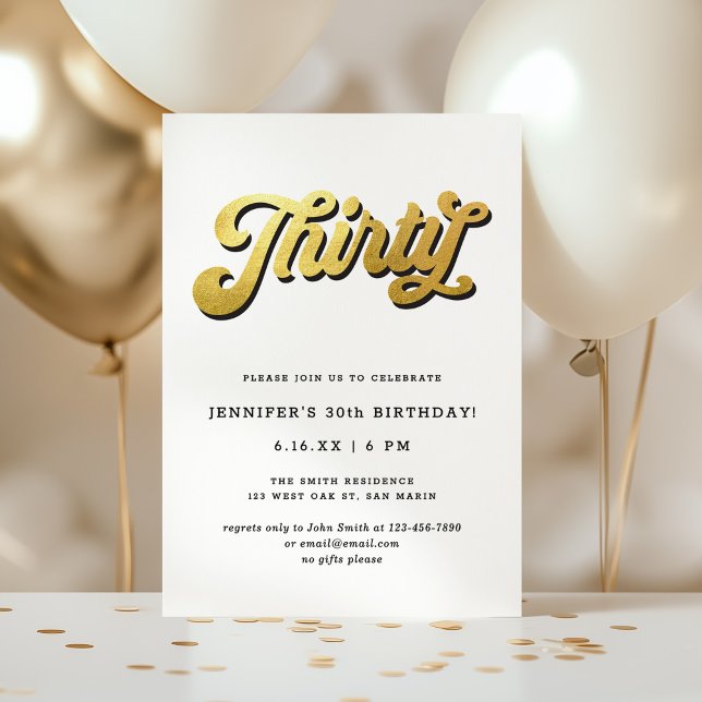 Invitación Gold Retro Script Black White 30th Birthday Party (Subido por el creador)