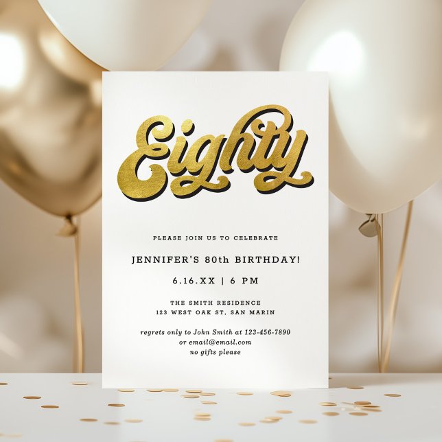 Invitación Gold Retro Script Black White 80th Birthday Party (Subido por el creador)