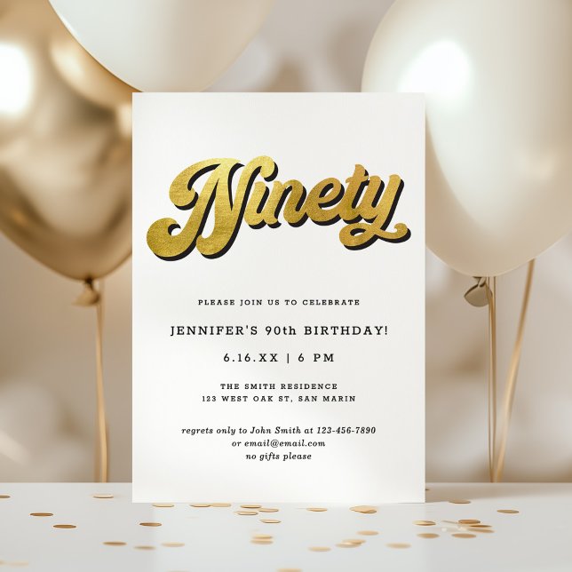 Invitación Gold Retro Script Black White 90th Birthday Party (Subido por el creador)
