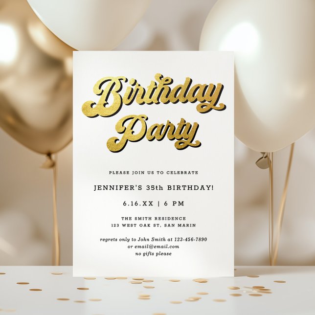 Invitación Gold Retro Script Black & White Birthday Party (Subido por el creador)