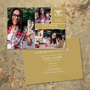 Invitación Gold RN Nursing 3 Photo Graduation Party