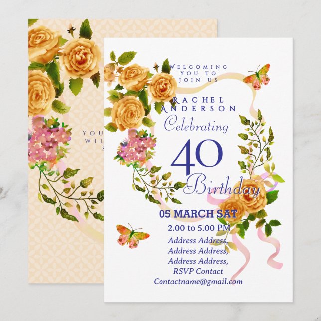 Invitación Gold Rose Ribbon 40th  Birthday Invitation (Anverso / Reverso)
