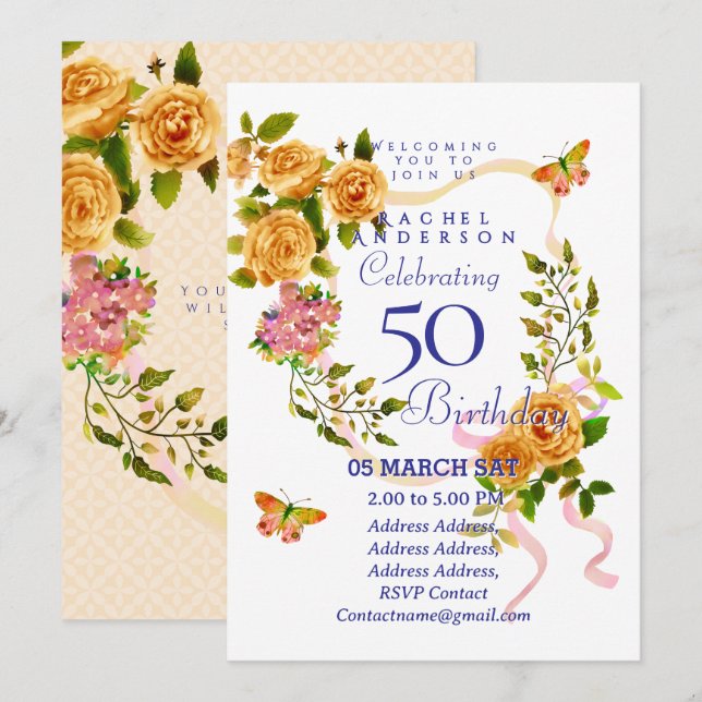 Invitación Gold Rose Ribbon 50th  Birthday Invitation (Anverso / Reverso)
