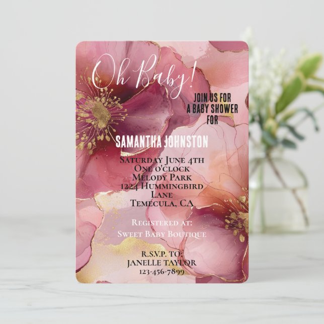 Invitación Gold Rubor Pink Burgundy Floral Baby Shower (Anverso de pie)
