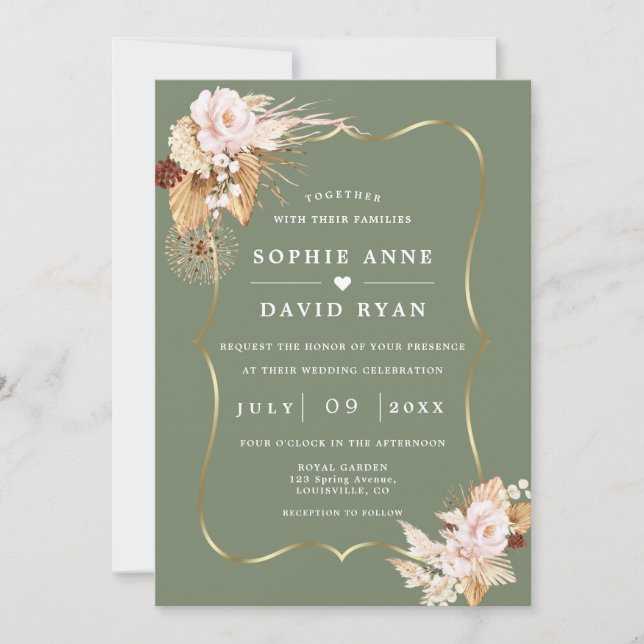 Invitación Gold Sage Green Floral Fall All In One Wedding (Anverso)