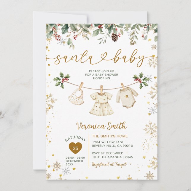Invitación Gold Santa Baby Shower Clothes Christmas Floral (Anverso)