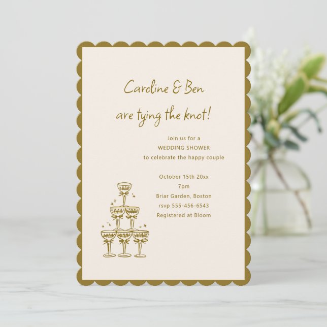 Invitación Gold Scallop Champagne Tower Doodle Wedding Shower (Anverso de pie)