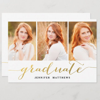 Invitación Gold Script 3 Photos Collage Graduation Party