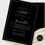 Invitación Gold Script Border 60th Birthday Party Black<br><div class="desc">Elegante Gold Script Borde 60th Birthday Party Black. Disponible digitalmente o impreso. Un minimalista diseño de texto moderno para su sexagésimo en oro clásico y negro, totalmente personalizable, con un borde de línea única. Cambie las palabras según sea necesario y también puede cambiar los colores del texto y del fondo,...</div>