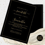 Invitación Gold Script Border 70th Birthday Party Black<br><div class="desc">Elegante Gold Script Border 70 cumpleaños. Disponible digitalmente o impreso. Un minimalista diseño de texto moderno para tu setenta años en negro y oro clásico, totalmente personalizable, con un borde de una sola línea. Cambie las palabras según sea necesario y también puede cambiar los colores del texto y del fondo,...</div>