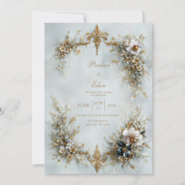Invitación Gold Scroll Frame White Floral Dusty Blue Wedding