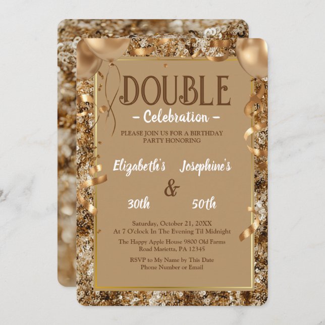 Invitación Gold Sequins Adult double Joint Birthday Party (Anverso / Reverso)