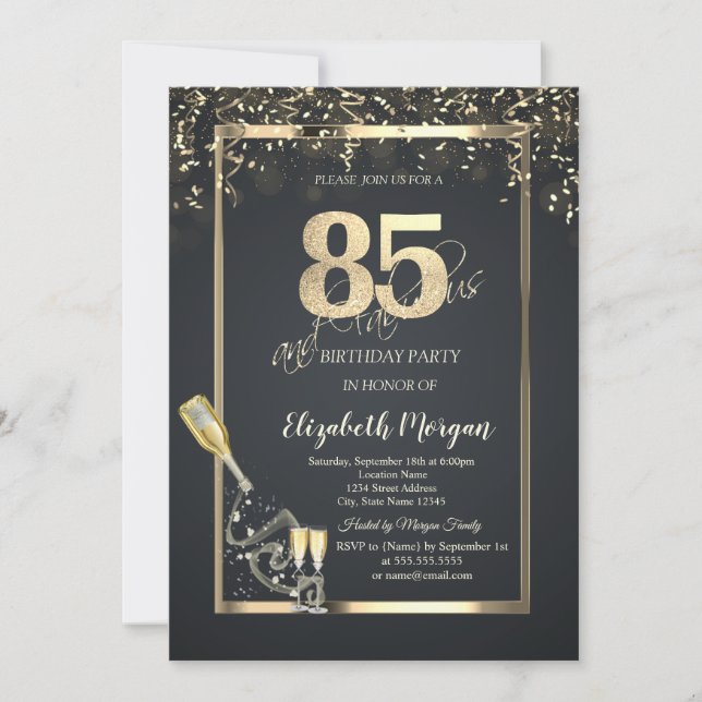 Invitación Gold Sequins,Wine Glass Bottle Gray 85th  (Anverso)
