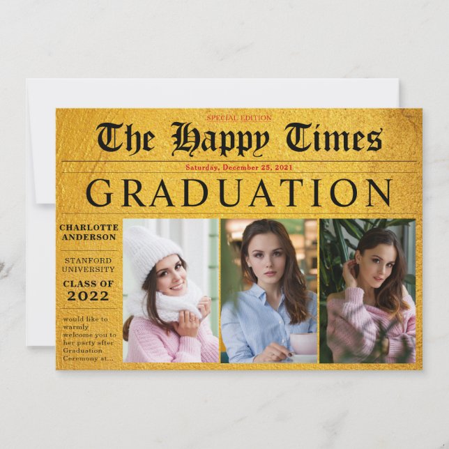 Invitación Gold Share your News 3 Photo Graduation Party (Anverso)