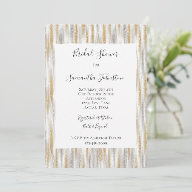 Invitación Gold Silver Chic Glam Glitzy Stripes Bridal Shower (Anverso de pie)