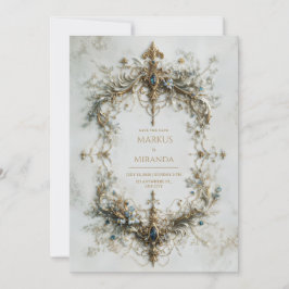 Invitación Gold Silver Frame Blue Gemstone Baroque Wedding