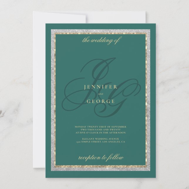 Invitación Gold silver jade green monogram initals wedding (Anverso)
