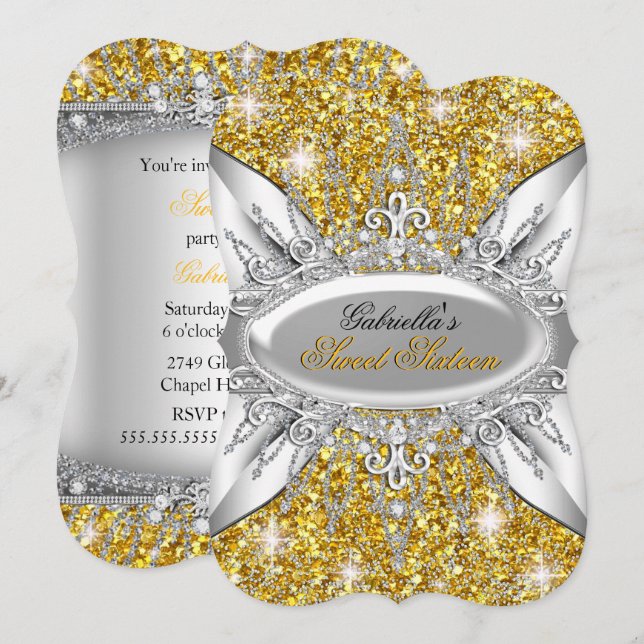 Invitación Gold Silver Sparkle Diamond Sweet 16 (Anverso / Reverso)
