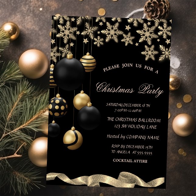 Invitación Gold Snowflakes Black Balls Corporate Christmas (Subido por el creador)