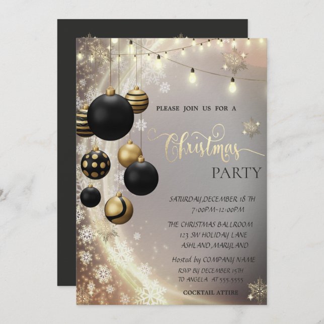 Invitación Gold Snowflakes,Black Balls,Lights Christmas  (Anverso / Reverso)