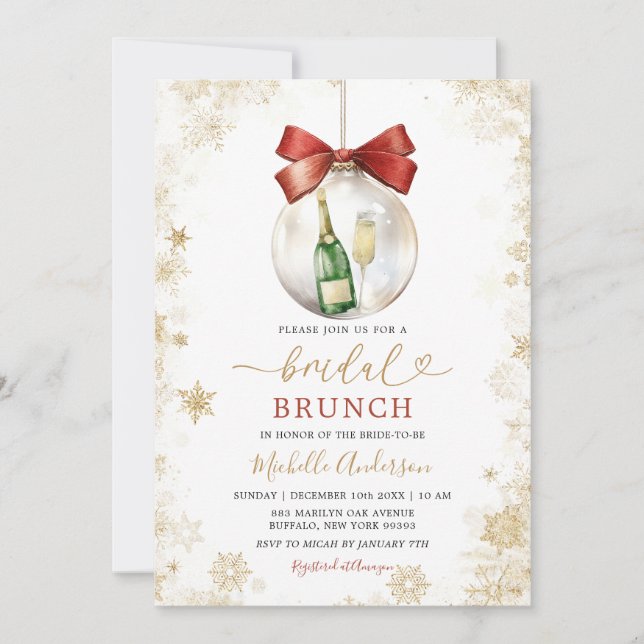Invitación Gold Snowflakes Christmas Bauble Bridal Brunch (Anverso)