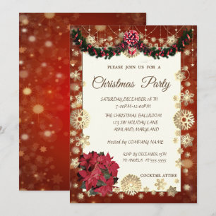 Invitación Gold Snowflakes,PoinsetiaCorporate Christmas Party