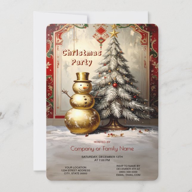 Invitación Gold Snowman Christmas Tree Holiday Party (Anverso)