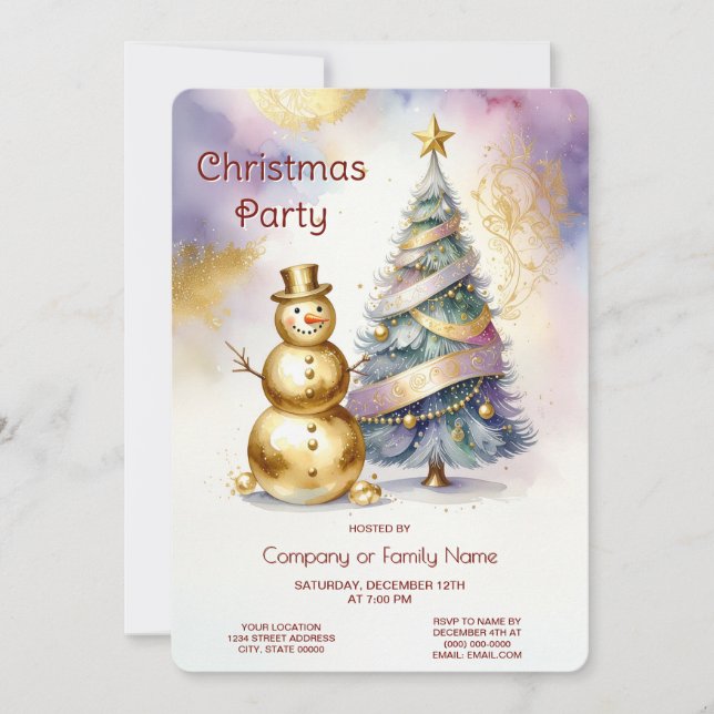 Invitación Gold Snowman Christmas Tree Holiday Party (Anverso)