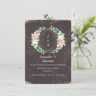Invitación Gold Sparkle Floral Wreath Wedding